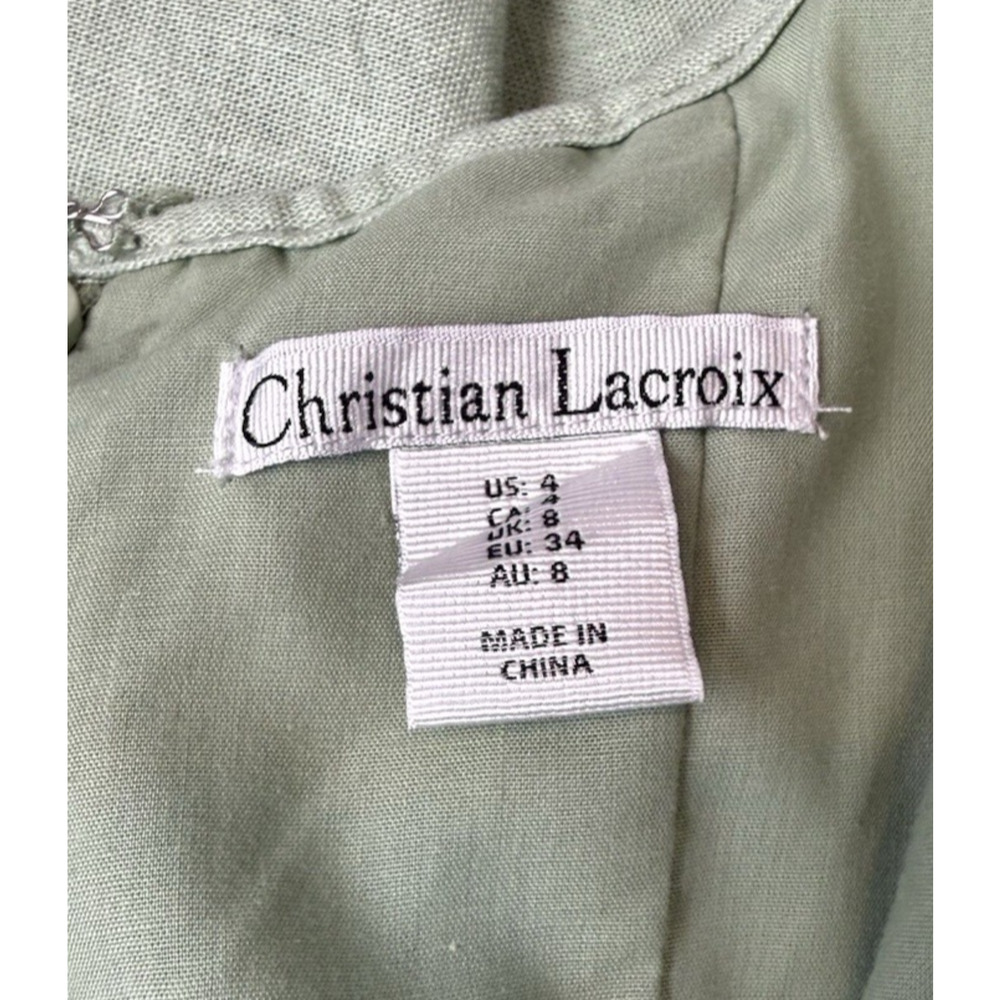 Christian Lacroix Dress Womens 4 Sage Green Linen Feminine Romantic Cottagecore - Picture 9 of 12